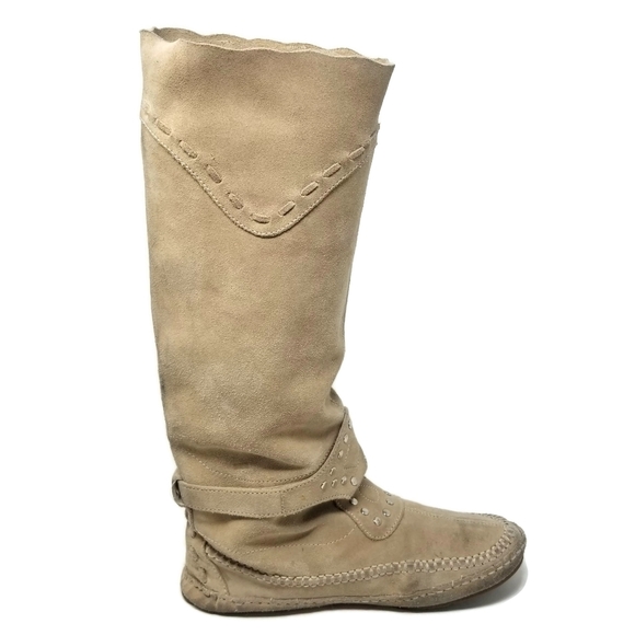 Steve Madden Tall Suede Studded Fringed Moccasin Boots Size 7 Tan - Picture 4 of 11